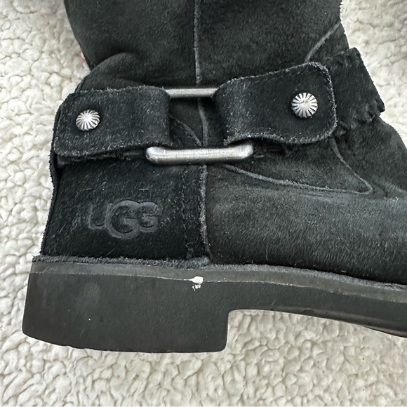 UGG Braiden Black Suede Boots Buckle Detail Fur Lined Women’s Size 6.5 - Picture 3 of 11